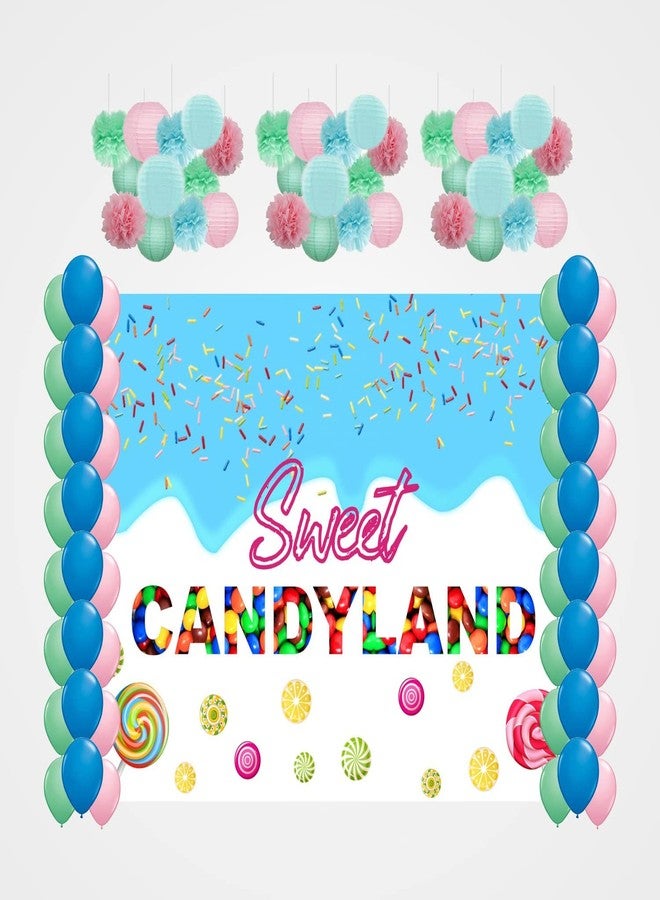 Theme My Party Combo Kit -Candy Land Decoration Kit with Backdrop,Balloons and Pom Pom/Lanterns (6ft X 4ft) - Image 1